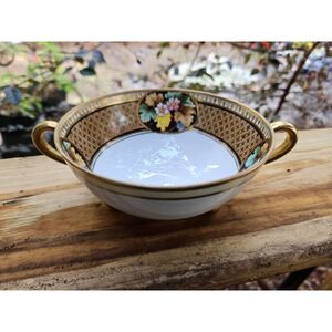 Hand Painted Nippon BLACK‎ GOLD Floral Footed ART DECO Berry Bowl Morimura